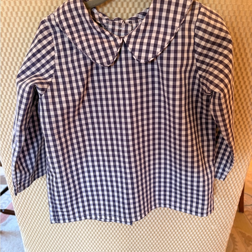 The Beaufort Bonnet Company Navy and White Gingham Peter Pan Collar Top - EUC
